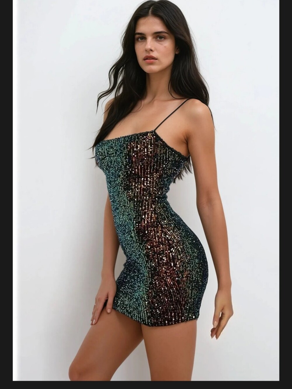 Iridescent Sequin Spaghetti-Strap Mini Dress - Green/Black